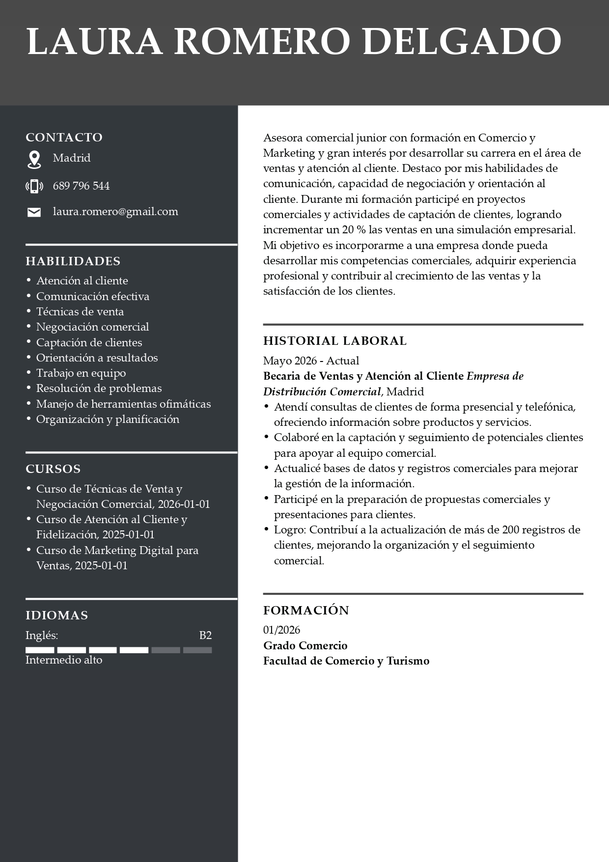 Plantilla de currículum para comercial sin experiencia